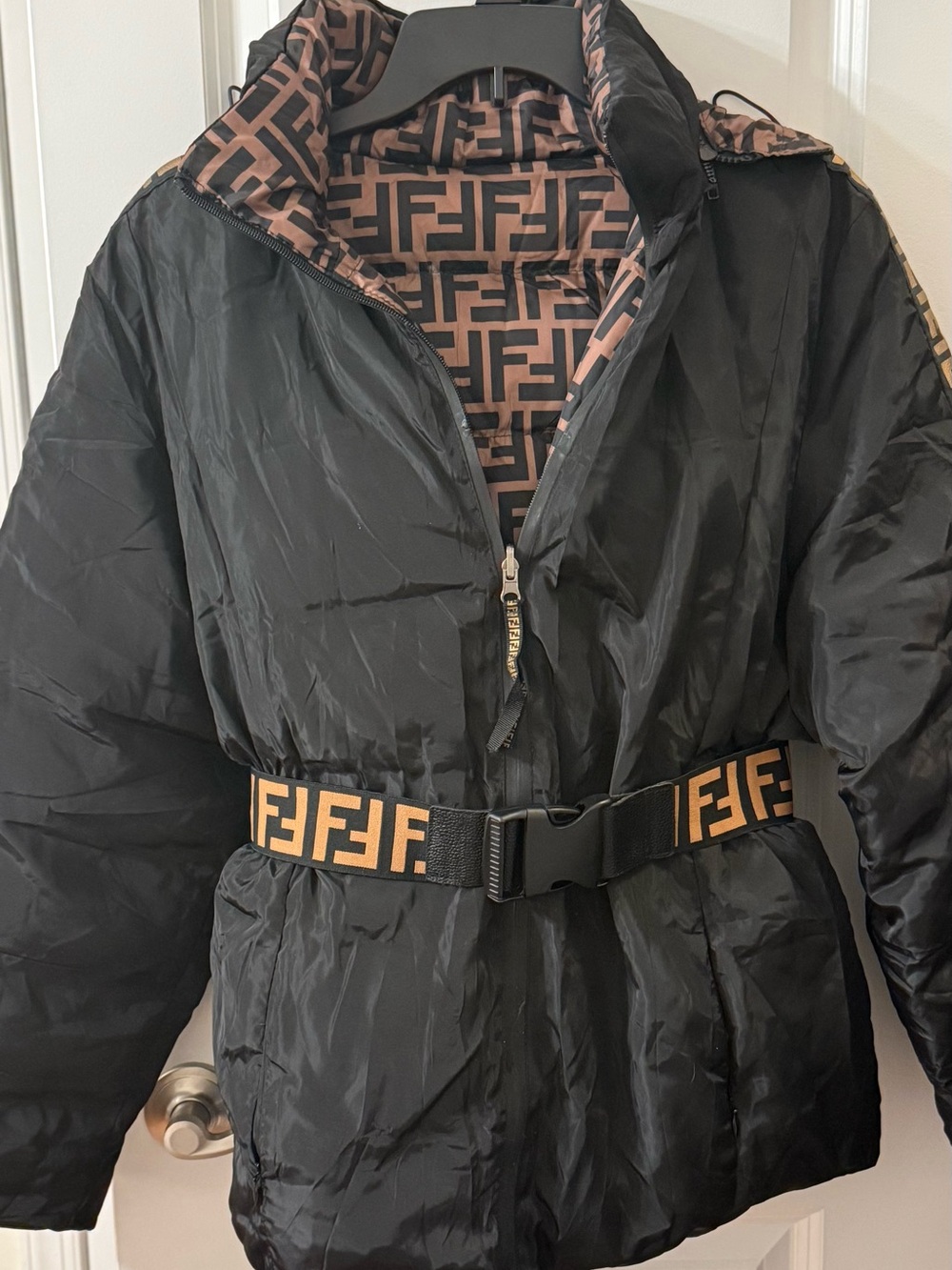 Logo reversible Black Quilted Puffer Jacket with Tan Accent Belt